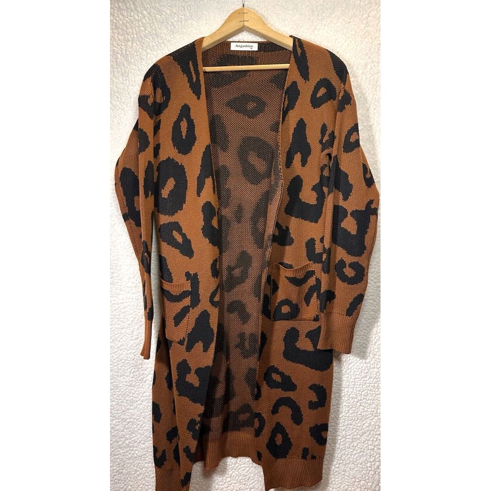 Angashion Womens Leopard Print Long Open Long Sleeve Sweater Cardigan Size Med